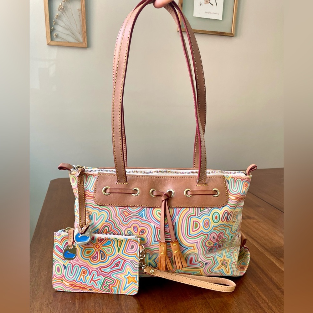 Vintage Dooney & Bourke Rainbow Zipper Scribble Shoulder Bag Wristlet Set Y2K
